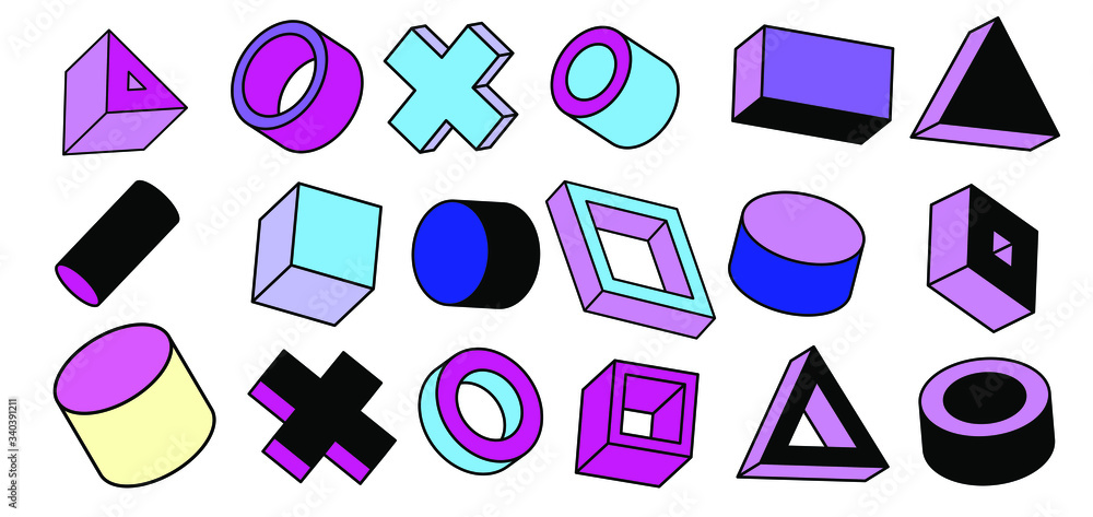 Poster set of simple geometic 3d elements in bauhaus neo-memphis retro style, colored in punchy pastel colo