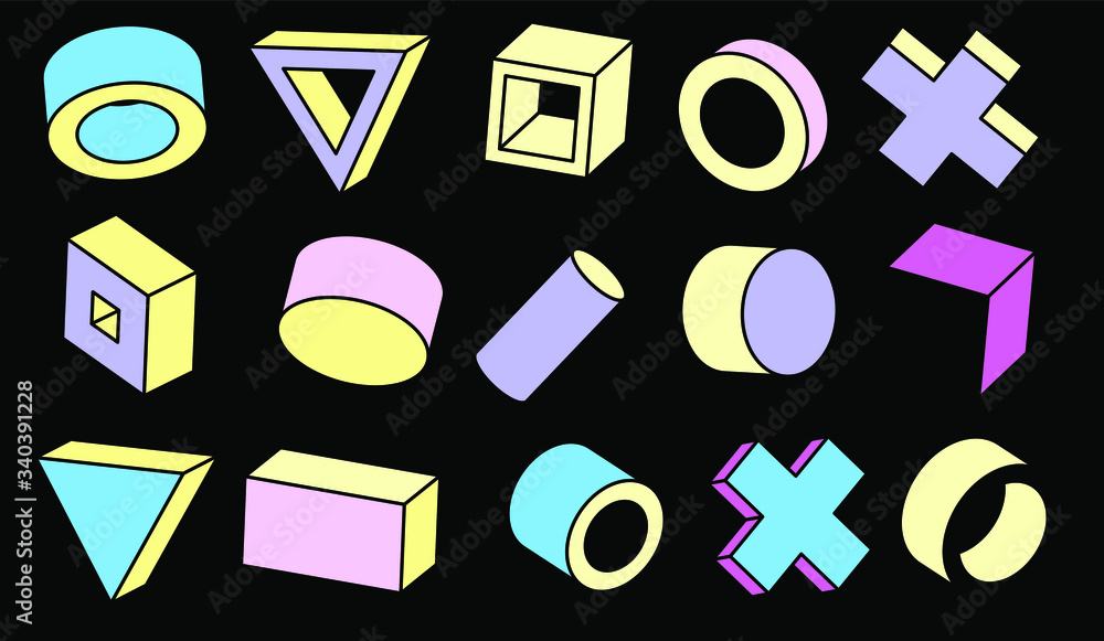 Poster set of simple geometic 3d elements in bauhaus neo-memphis retro style, colored in punchy pastel colo