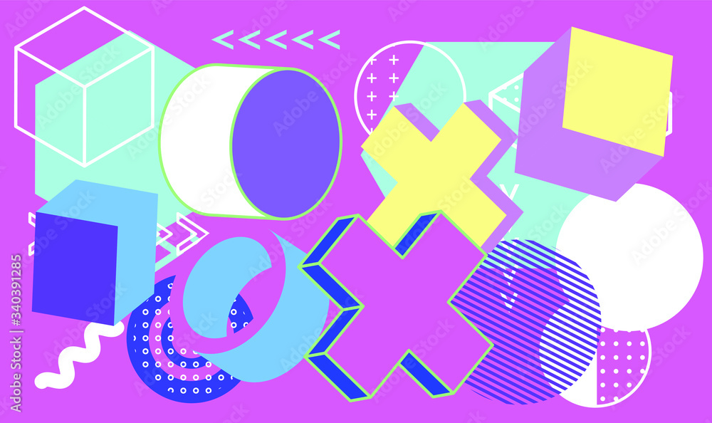 Poster set of simple geometic 3d elements in bauhaus neo-memphis retro style, colored in punchy pastel colo