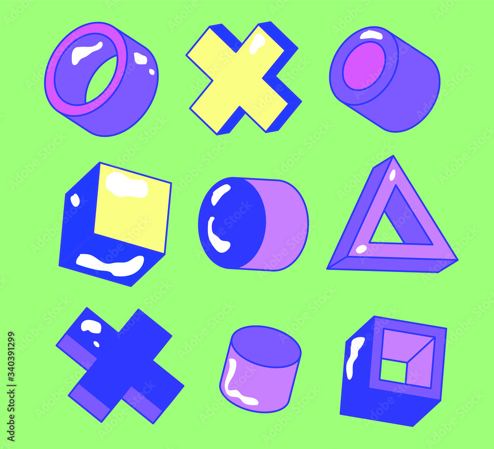 Poster set of simple geometic 3d elements in bauhaus neo-memphis retro style, colored in punchy pastel colo