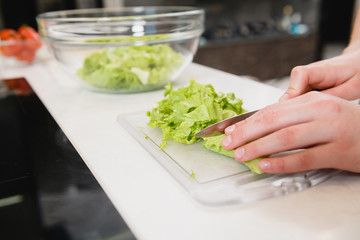 Close up cut green salad on board