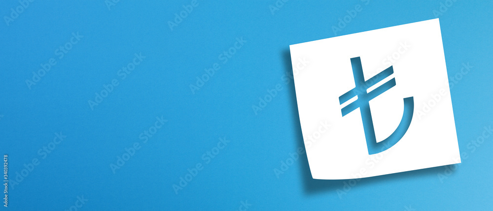 Sticker Note paper with turkish lira sign on panoramic blue background