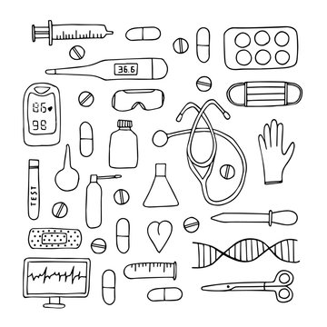 Set of medical elements. Hand drawn poster. Stock vector illustration.