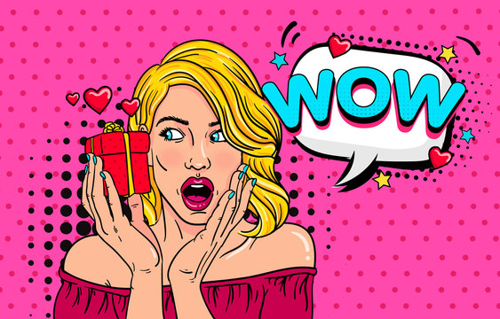 Wow pop art face of surprised fashion girl open mouth with Valentine Present in hand. Love. Beautiful young woman model pointing hand, advertising gesture. Speech Bubble vector