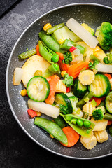 Stir Fry Vegetables on Pan Close Up View. Clean Healthy Eating. Vegetable Mix. Green Diet