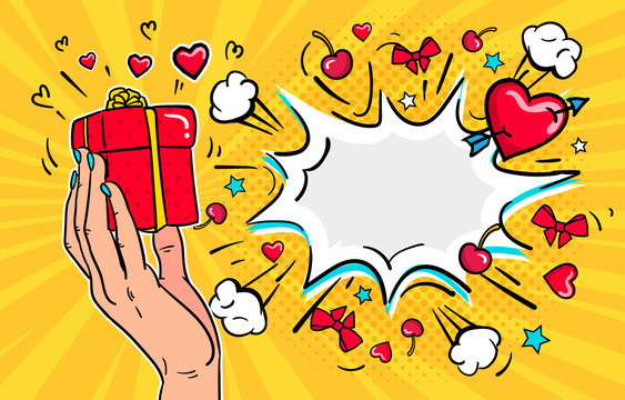 Happy Valentine's day sale poster concept, holiday explosive sale design. The girl is holding a gift. Pop art illustration