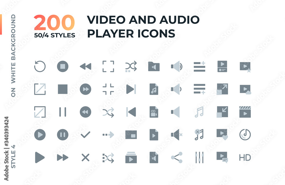 Aufkleber video and audio player interface line and flat icons set for web and apps.