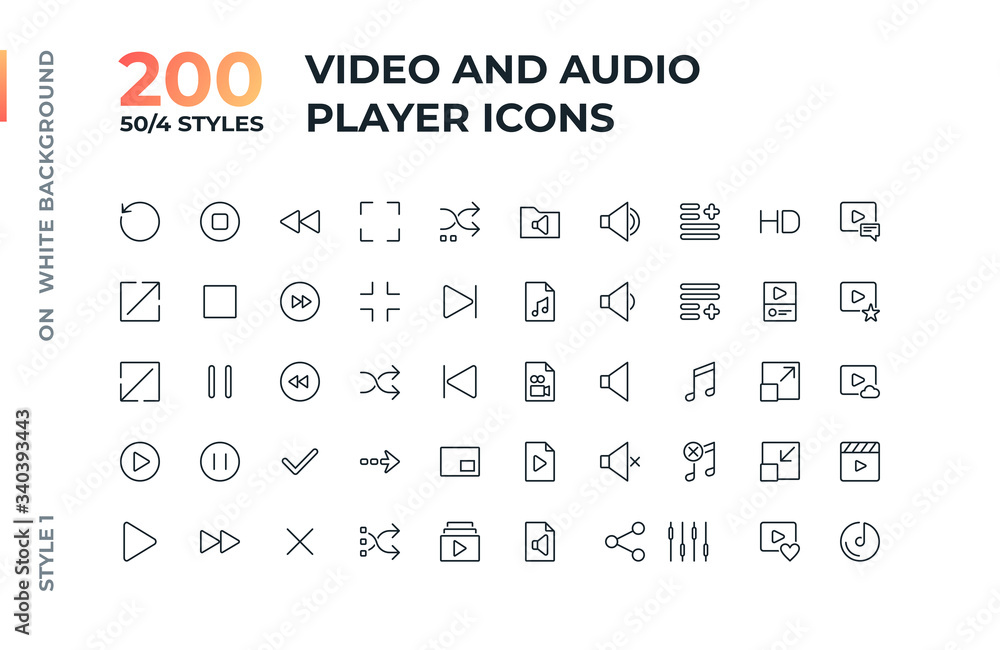 Aufkleber video and audio player interface line and flat icons set for web and apps.