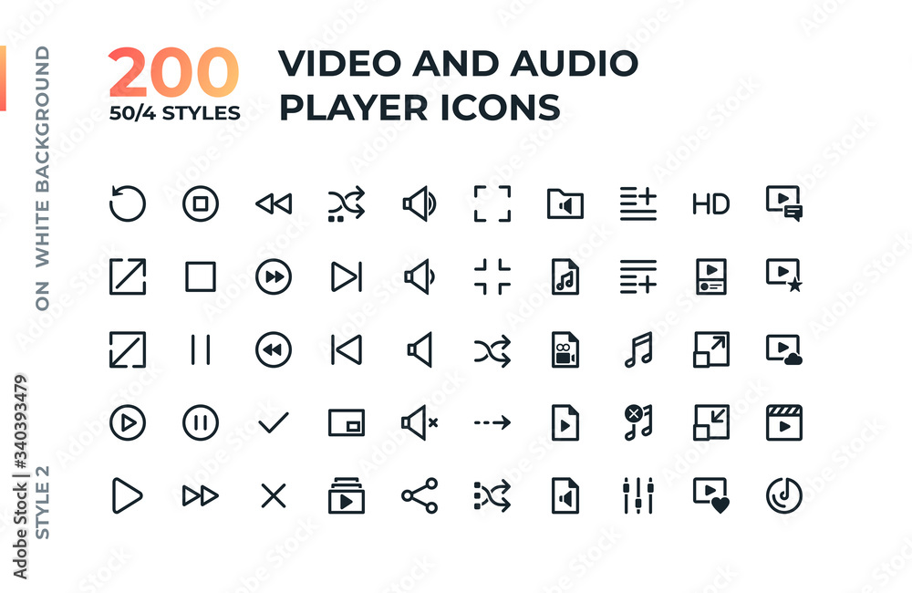 Aufkleber video and audio player interface line and flat icons set for web and apps.