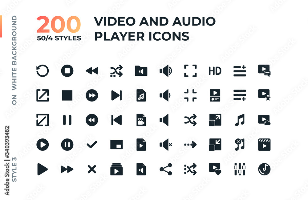 Aufkleber video and audio player interface line and flat icons set for web and apps.