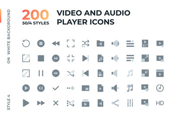 Video and audio player interface line and flat icons set for web and apps.