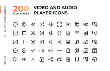 Video and audio player interface line and flat icons set for web and apps.