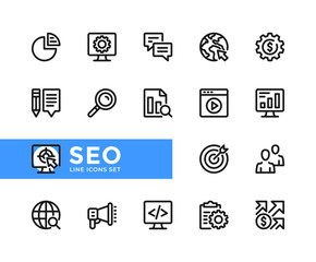 SEO vector line icons. Simple set of outline symbols, graphic design elements. Pixel Perfect