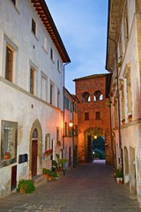 paesaggio del pittoresco villaggio italiano di Montecarlo che si erge su una collina che domina la pianura di Lucca e Valdinievole in Toscana