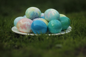 Easter eggs on a white plate
