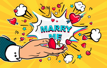 Man opening box with a ring to make an offer - marry me concept. Pop Art comics icon "Will you marry me?". Speech Bubble Vector illustration.