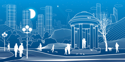 Illustration of urban rest in the park. Garden house. Relaxation infrastructure. Evening city scene. People walking. White lines on blue background. Vector design art
