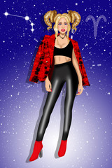 The image of the girl in the form of the zodiac sign Aries in leather pants, a topic and a red jacket. Fashionable horoscope with girls 
