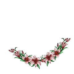 Floral arrangement in the form of a frame or frame for business cards, logos and cards. Lily flowers with whole stems on a white background 