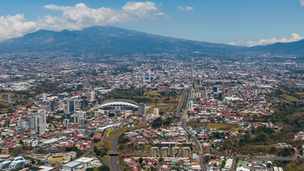 Beautiful aerial view of the city of San Jose with view of the Sabana Park and the Stadium.