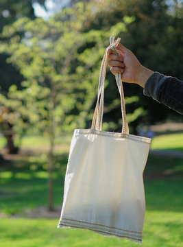 woman carry the re useable plastic free bag. eco friendly and sustainability life. hipster and minimal lifestyle to save the green earth and environment . trees background.