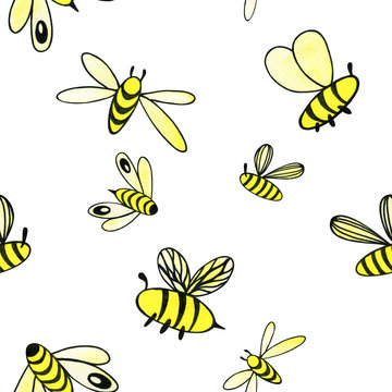 Seamless pattern with hand painted watercolor yellow butterfly bee insect, abstract lines isolated on white background. Stock illustration. Fabric wallpaper print texture.
