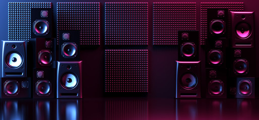 Neon Glowing Purple Blue Performance Music Studio Vibrant Electric Synthwave Club Loud Speakers Show Event Empty Room Shiny Stage Poidum Concert 3D Rendering