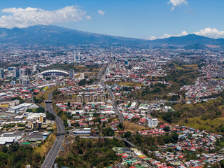 Beautiful aerial view of the city of San Jose with view of the Sabana Park and the Stadium.