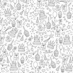 seamless pattern for birthday theme created from hand drawn doodles on white background. Wrapping paper, textile print, wallpaper, etc.