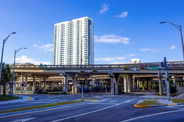Downtown Miami cityscape view with condos and office buildings.