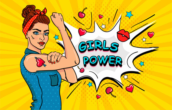 Girls power poster. Pop art sexy strong girl. Classical american symbol of female power, woman rights, protest, feminism. colorful hand drawn background in retro comic style with speech bubble vector