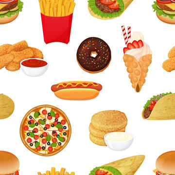 seamless pattern from fast food icons on white background. Cartoon style. Vector illustration. For packaging, advertisements, menu. Burger, pizza, burito, tacos, hotdog.