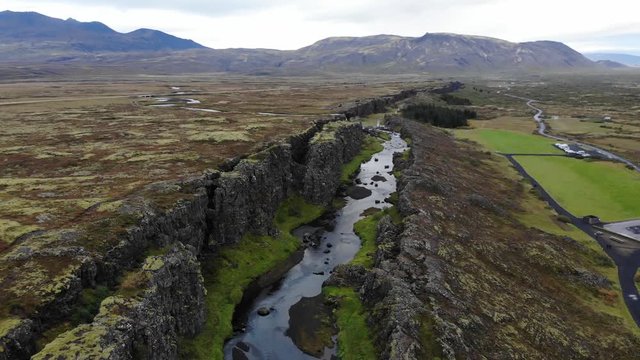 Iceland Golden circle by drone- Silfra canyon fissure in the Thingvellir 
