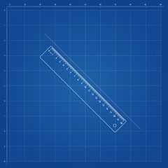 Blueprint template, with square grid for guides and reference, and transparent ruler in the middle positioned diagonally