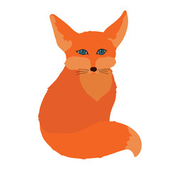 Cute little red fox is seating and looking ahead. Isolated character on a white background in flat style. For printing kids posters, cards. Can be used as mascot
