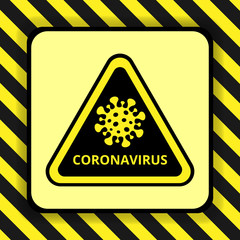 Obraz premium Black and yellow triangular sign indicating the danger of coronavirus. Black and yellow hazard warning stripes.