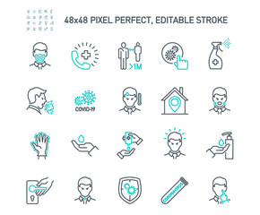 Simple Set of Coronavirus Protection Related Vector Line Icons. Contains such Icons as Protective Measures, Coronavirus Symptoms, Incubation Period and more. Editable Stroke. 48x48 Pixel Perfect.