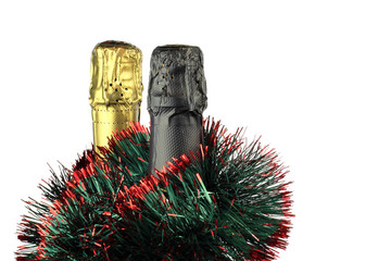 The neck of two bottles of champagne next to a branch of a Christmas tree on a light background.