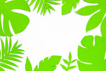 Paper art. Top view frame of green tropical leaves background. Flat lay. Minimal summer concept with palm tree leaf. Creative copyspace.