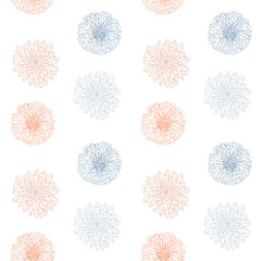 Seamless pattern with blossoming buds of aster and chrysanthemum. Color vector illustration.Contour elements are drawn by hand and isolated on a white background. Floral design for textiles and covers