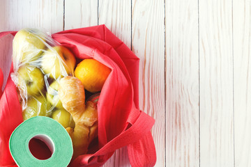 Food set on a wooden background top view, selective focus, copy space
