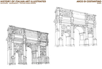 A perspective sketch of the arch of Constantine at the Roman Forum. The triumphal gate is short distance from the Colosseum, it is a tourist destination in Rome, the capital of the Roman empire.