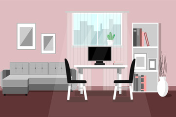 Living room with furniture, a cozy interior with a sofa, a workplace, and a bookshelf. Vector illustration, flat style.