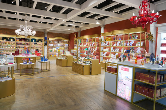 VENICE, ITALY - CIRCA MAY, 2019: interior shot of "World of Venice" shop in the departures section of Marco Polo airport.