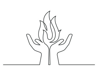 Continuous line drawing of flame in the hands. The fire between two human hands means life and care. Vector illustration