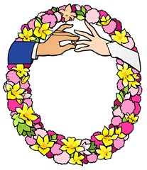 wedding announcement floral border with hands and a ring. 