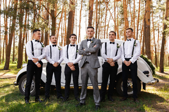 Group wedding photo of elegant groom in grey suit and groomsmen with black bow ties and suspender at wedding day