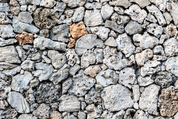 Textured stone wall, built with pieces of native marine sponge. Near Sanur beach, Bali, Indonesia.
