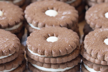 Many cookies put together in line.