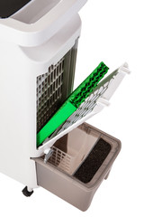 Air conditioning rear view. Mobile air conditioning on a white background. Air conditioner has a rear ponel. Filters. Replacing the cleaning filters. Sale of additional filters. Split system.